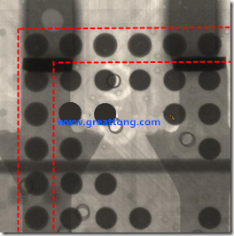 BGA錫球尺寸小于0.4mm，采用降低BGA內(nèi)圍襲球的錫膏量所得到X-Ray，稍微留意一下可以發(fā)現(xiàn)最外圈的錫量(圓的直徑)比其他內(nèi)圍的錫球上的錫量來得多一點(diǎn)點(diǎn)。也就是外圈的黑色圓形直徑比內(nèi)圈的圓形來得大一點(diǎn)點(diǎn)。