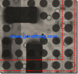 BGA錫球尺寸小于0.4mm，采用降低BGA內(nèi)圍襲球的錫膏量所得到X-Ray，稍微留意一下可以發(fā)現(xiàn)最外圈的錫量(圓的直徑)比其他內(nèi)圍的錫球上的錫量來得多一點(diǎn)點(diǎn)。也就是外圈的黑色圓形直徑比內(nèi)圈的圓形來得大一點(diǎn)點(diǎn)。
