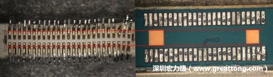 把板對板連接器與其電路板的佈線焊墊作一個比較，端子的切斷面有毛邊的地方剛好對到了裸銅區(qū)。