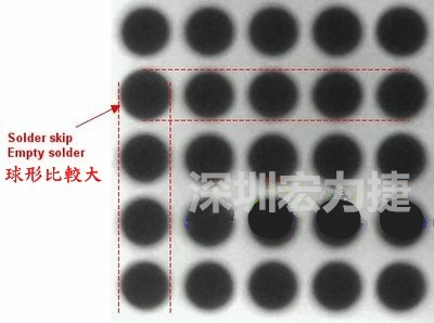 現(xiàn)在我畫(huà)幾條直線你再看看是否有發(fā)現(xiàn)那一顆BGA的錫球比較大，有空焊的可能？
