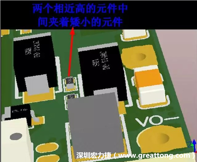 放置器件時要考慮以后的焊接和維修，兩個高度高的元件之間盡量避免放置矮小的元件