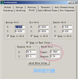  改銅皮的填充網(wǎng)格Global→Design Units，填充方向Drafting→Direction；Hatch Grid中Copper此數(shù)值為大銅箔中所填充的線(xiàn)條中心到中心的距離。