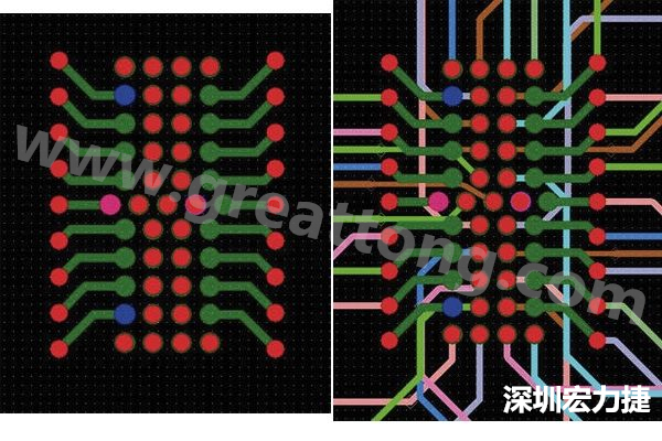 圖7：焊盤內(nèi)過孔用于內(nèi)部，而外部接腳在0.5mm閘格上扇出。圖7a顯示的是頂層(左)；圖7b顯示頂層和內(nèi)部布線層(右)。