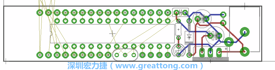 將ATmega微控制器、三個(gè)GPIO排針（JP2, JP3, JP4）和諧振器（resonator）排置如上圖所示。