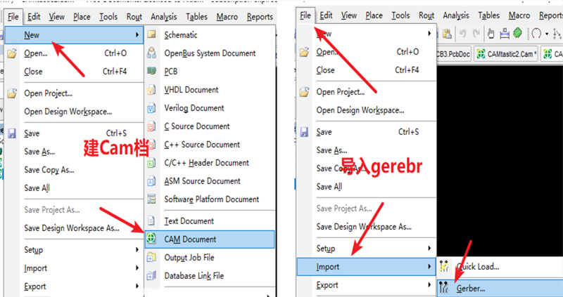在File下新建 Cam檔，建后再File下導(dǎo)入Gerber文件，選擇所有文件導(dǎo)入gerber。